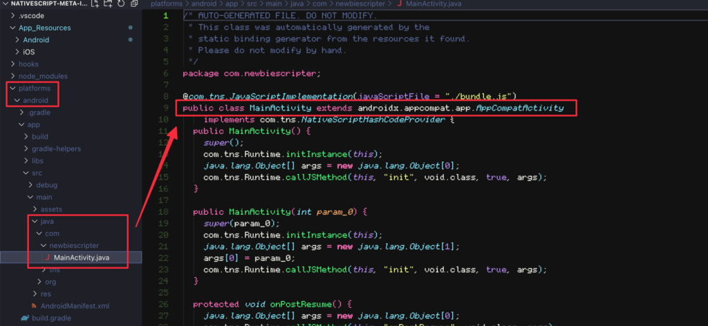 NativeScript extended class being converted to Java code. NativeScript extended class being converted to Java code.